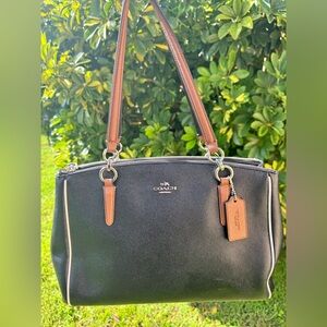 Coach Stanton Black and Tan Shoulder Bag with White Piping